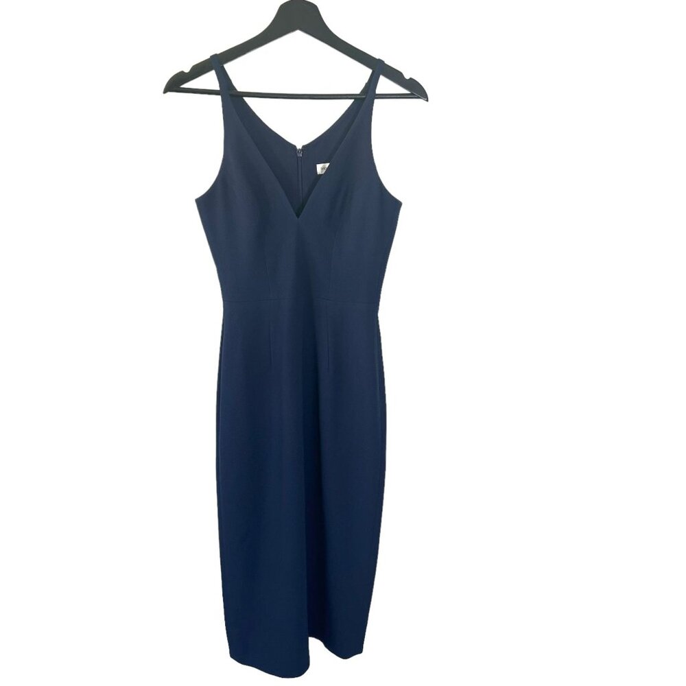 Dress the Population Anita Navy Plunging V Neck Sleeveless Midi Sheath Dress XS